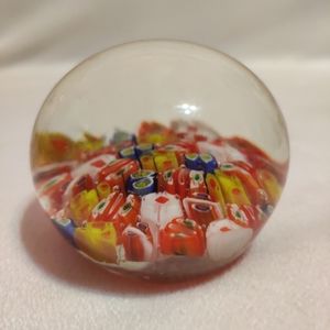 Vintage Millefiori Floral Art Glass Paperweight Clear Red Blue White Yellow 2"